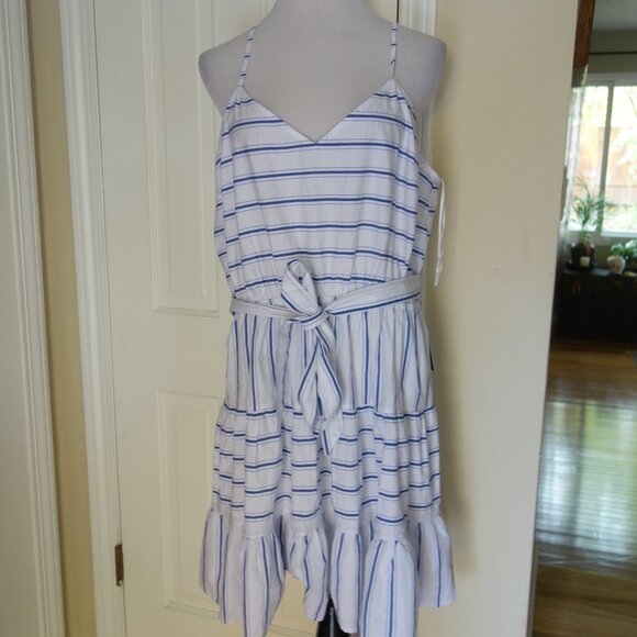 NWT $88 EXPRESS White Blue Stripe Waist Tie Tiered Sundress – XL - Picture 5 of 9